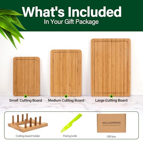 Bamboo Cutting Board Set of 3, Cutting Boards For Kitchen with Juice Groove, Bamboo Chopping Board Set, Serving Board Set for Meat, Fruit Vegetable and Cheese - color: Bamboo Set of 3