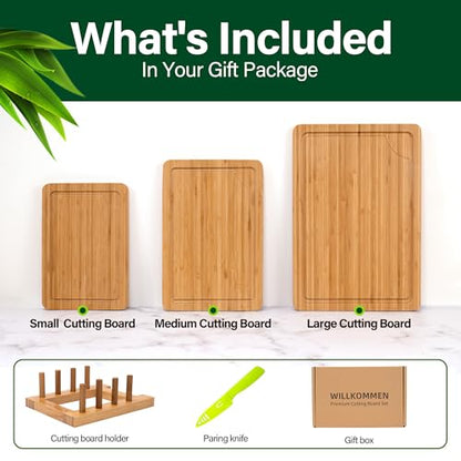 Bamboo Cutting Board Set of 3, Cutting Boards For Kitchen with Juice Groove, Bamboo Chopping Board Set, Serving Board Set for Meat, Fruit Vegetable and Cheese - color: Bamboo Set of 3