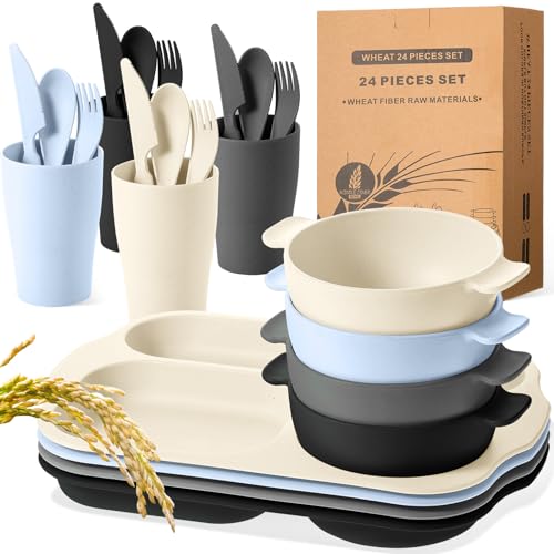 Honoson 24 Pcs Wheat Straw Dinnerware Cutlery Set, Service for 4, Unbreakable Plates and Bowls Set - Divided Plates, Bowls, Spoons, Forks & Knives, Microwave & Dishwasher Safe(Vivid Color) - color: Vivid Color