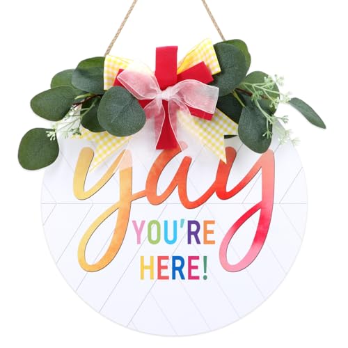 IARTTOP Yay You're Here Rainbow Classroom Wooden Hanging Sign | Colorful Eucalyptus & Bow Wood Plaque, Inspirational Welcome Decor for Back to School Classroom Front Door Entryway - color: Yay Sign