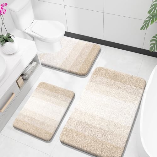OLANLY Microfiber Bathroom Rugs Sets 3 Piece, 36"x24"+24"x16"+24"x20" | Light Beige, Soft Absorbent Bath Mats and U-Shaped Contour Toilet Rug, Plush Shaggy Bath Mat Set for Bathroom - color: Light Beige, size: 36" X 24" + 24" X 16" + U24" X 20"