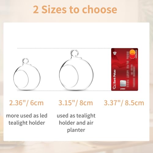 Nuptio 12 Pcs Hanging Tea Light Candle Holders Mini Glass Candle Holder 2.36" Diameter Baubles Globe Garden Ornament, Tealight Holders for Christmas Halloween Wedding Party Decorations for Reception | Clear Reusable Globes, Ready to Hang, Works with Tea L