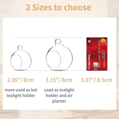 Nuptio 12 Pcs Hanging Tea Light Candle Holders Mini Glass Candle Holder 2.36" Diameter Baubles Globe Garden Ornament, Tealight Holders for Christmas Halloween Wedding Party Decorations for Reception | Clear Reusable Globes, Ready to Hang, Works with Tea L
