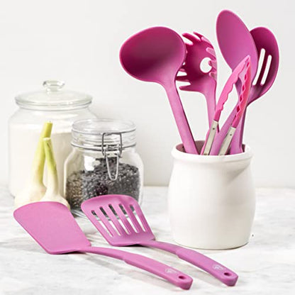 GreenLife Cooking Tools and Utensils, 7 Piece Nylon Set including Spatulas Turner Spoons and Tongs, Dishwasher Safe, Bright Pink - color: Bright Pink