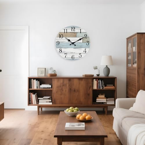 KECYET 18 Inch Large Wall Clock Battery Operated Silent Non Ticking Coastal | Round analog clock; large easy-read dial for bathroom, kitchen, bedroom & living room; 1 AA battery (not included) - color: Blue, size: 18"