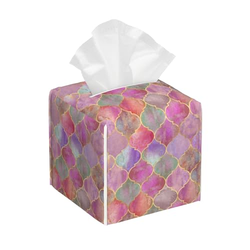 Pink Moroccan Quatrefoil Tissue Box Cover Square, Tissue Box Holder with Bottom Belt Leather Facial Paper Organizer Dispenser for Bathroom Bedroom Dresser Night Stand Tabletop - color: Pink Moroccan Quatrefoil
