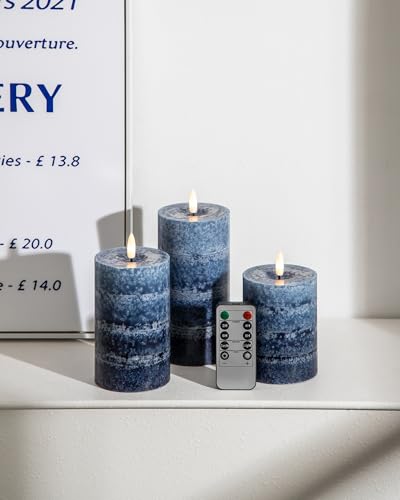Stmarry Gradient Navy Blue Flameless Candles with Remote and Timer, Real Wax Made LED Pillar Candles Battery Operated with 3D Flickering Flame, 3" x 4",5",6", Navy Blue Decor, Set of 3 - color: Gradient Navy Blue