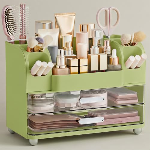 HBlife Makeup Organizer for Vanity with Brush Holder, Large Bathroom Countertop Cosmetic Organizer Skincare Storage, Easy to Store Lipsticks, Nail Polishes, Perfumes, Eyeshadow Palettes, Avocado Green - color: Avocado Green