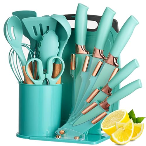 19 Pieces Kitchen Cooking Utensils and Knife Set with Holder Block, Include 11 Pcs Silicone Cooking Utensils 5 Pcs Sharp Stainless Steel Knives Scissors Whisk Tongs and Cutting Board (Deep Green) - color: Deep Green