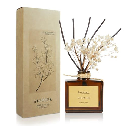 Reed Diffuser, Amber & Moss Essential Oil Diffuser with Dried Flowers, 3.4 oz Scented Oil Air Freshener, Handmade Home Decor, Long-Lasting Room Scent Fragrance for Office, Bathroom | 3.4oz(100ml) Scented Oil Air Freshener, Handmade Home Decor, Long-Lastin