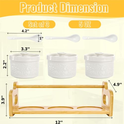 10 Pack Sauce Serving Dish with Spoons and Lids, 5 Oz | Ceramic Chip Dip Sauce Bowls with Bamboo Tray, 3 Condiment Seasoning Jars Salt Sugar Container for Snacks, Appetizers