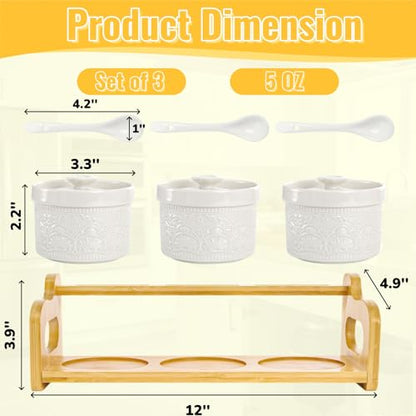 10 Pack Sauce Serving Dish with Spoons and Lids, 5 Oz | Ceramic Chip Dip Sauce Bowls with Bamboo Tray, 3 Condiment Seasoning Jars Salt Sugar Container for Snacks, Appetizers