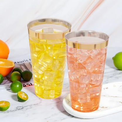 I00000 16 oz Gold Plastic Cups, 100 Pack Clear Plastic Cups with Gold Trim | Tumblers Gold Rimmed Disposable Cup, Heavy-duty, BPA-Free, Everyday Use, Disposable Cup Perfect for Birthday, Wedding & Party - color: 16-Gold-100