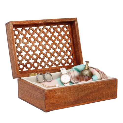 Trellis Mango Wood Box - Medium Polish, 10.5x7.5 in | Handcrafted keepsake box featuring an easy opening lid to create storage for delicate jewelry or home décor accents. - color: Medium Polish, size: Extra Large