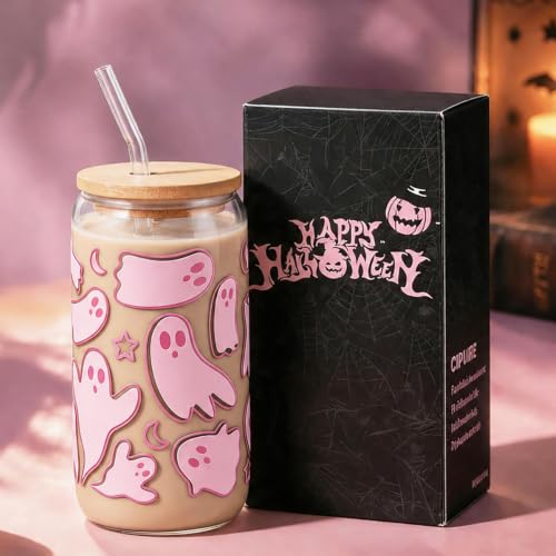 Halloween Ghost Gift for Women Pink Glass Cup with Lid and Straw | Fall Cute Ghost Iced Coffee Glass Tumbler Mug Goth Gifts for Halloween Party Girls Women Presents for Teens Stuff 16oz - style: Pink Ghost