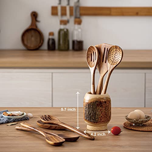 Gudamaye 13 inch Long Wooden Spoons for Cooking,Wooden Utensils for Cooking with Utensils Holder,9 PCES Wooden Kitchen Utensils Set with Utensils Holder and Spoon Rest,Natural Teak Wooden Spoons Set - size: 9 PCS with Holder