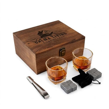 Whiskey Stones Gift Set with 10oz Lead-Free Crystal Whiskey Glass, Reusable Chilling Stones, Velvet Bag & Stainless Steel Tongs – Luxury Wooden Box Gift for Men