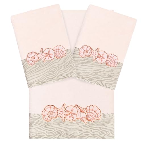 Seaside 3-Piece Towel Set, Embroidered Seashells, 100% Turkish Cotton, Ultra Absorbent & Soft, Coastal Bathroom Decor, 1 Bath 2 Hand Towels, Blush - color: Blush, size: 1 Pc Bath 2 Pcs Hand Towel