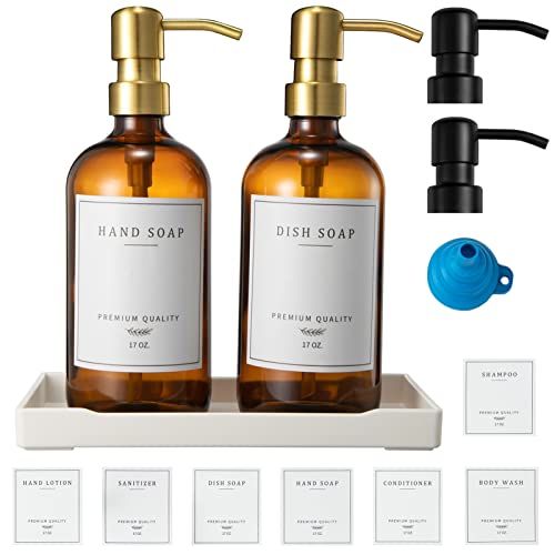 Glass Soap Dispenser for Kitchen, Farmhouse Dish & Hand Soap Dispenser Set, Rustproof Pump Bathroom Soap Lotion Dispenser with Tray, Waterproof Label for Kitchen Decor(Amber - color: Amber Bottle + Gold Pump + Black Pump