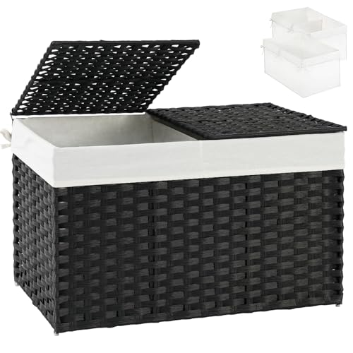 SETVSON Storage Basket with Lid Wicker Baskets for Storage, 160L Black | 42.3 Gallon Dual Lid Jumbo Blanket Storage Trunk, Divided Clothes Organizer, 2 Washable Liner Bags, Collapsible PE Rattan Bin - color: Black, size: 160L-29.9L*17.3W*18.1H