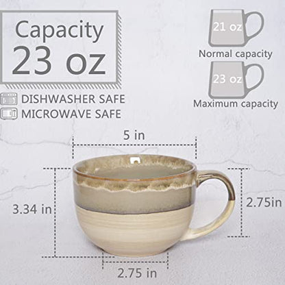 Ceramic Jumbo Coffee Mug Set of 2, 23 Oz, Large Mug Soup Bowls with Handles, Dishwasher and Microwave Safe (Brown Grey) - color: Brown Grey