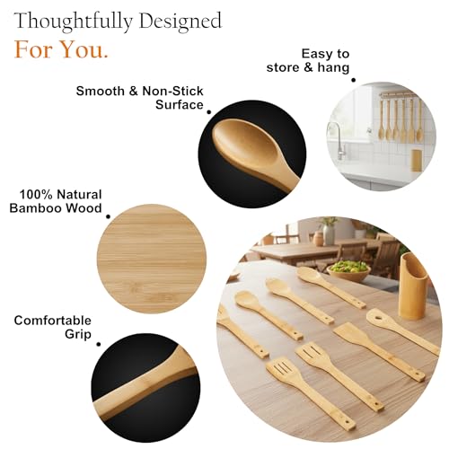 Bamboo Spoons for Cooking - Set of 8 Spoons with Holder - Wooden Cooking Spoons - Non-toxic & Organic Bamboo Cooking Utensils with Spoon Set & Spatula - Premium Kitchen Utensils - color: With Holder