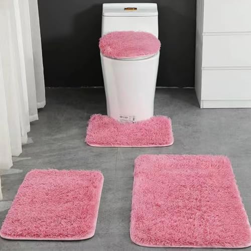 4 Piece Non Slip, Toilet Lid Cover and Contour Mat, Bath Mats Shower Mats Bath Rug Mat for Tub Toilet Bathroom (Pink) - color: Pink