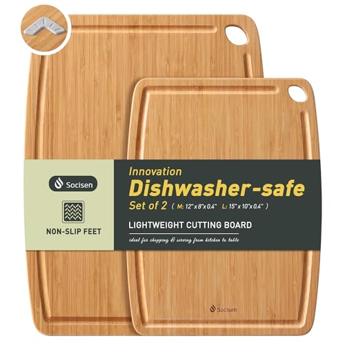 Lightweight Durable Bamboo Cutting Board Set with Non-Slip Feet, Wooden Cutting Boards for Busy Kitchen, Easy Storage & Clean Wooden Chopping Boards with Juice Groove Set of 2 (M+L) - color: Carbonized Bamboo(Brown), size: Set of 2 (Medium + Large)
