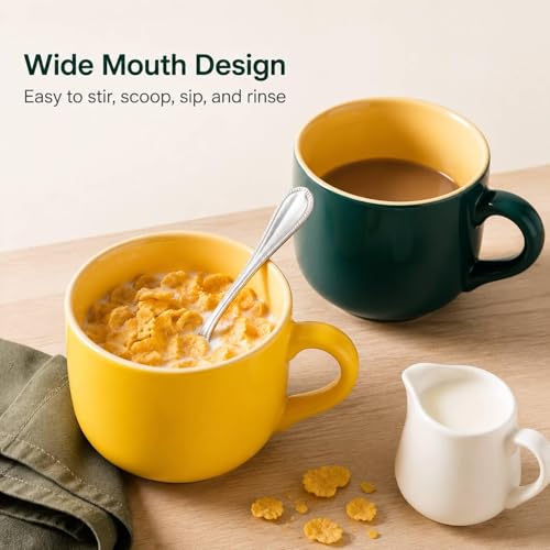 20 oz Ceramic Mug Set of 2, Yellow and Dark Green Oversized Coffee Cups for Tea, Soup, Cereal and Oatmeal, Wide Mouth Large Handle, Microwave Dishwasher Safe - color: 20 oz-Yellow&Dark green