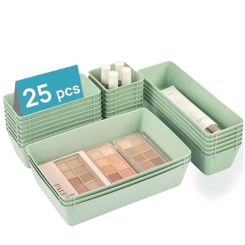 Vtopmart 25 Pack Plastic Drawer Organizers with Non-slip Rubber Pads | 4-Size Versatile Makeup Organizer, Storage Containers Small Bins for Makeup, Jewelries, Bedroom, Kitchen Utensils and Office - color: Sage Green