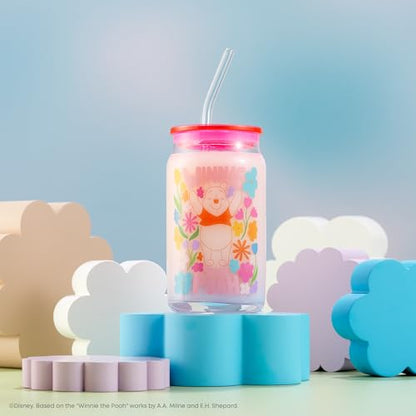 JoyJolt Disney Winnie the Pooh & Friends Flower Power Glass Tumblers with Lids and Straws, 16oz Glass Cups with Lids and Straws, Can Shaped Drinking Glasses Set of 4, Disney Gifts for Adults - style: Winnie the Pooh