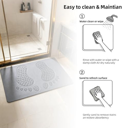 Stone Bath Mat - Diatomite Quick Non Slip Absorbent Shower Mat 23.6"×15.4" | Super Absorbent Diatomaceous Earth Mat for Bathroom, Non-Slip, Quick-Drying, Easy to Clean, Foot Massage Bumps, Gray