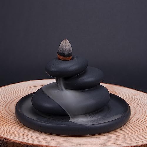 ZORZA Ceramic Zen Stone Backflow Incense Holder for Meditation Yoga | Waterfall Incense Burner,Zen Aesthetic,Black Rectangular Design,Tea Ceremony Decoration,Creating Serene Aromatic Atmosphere