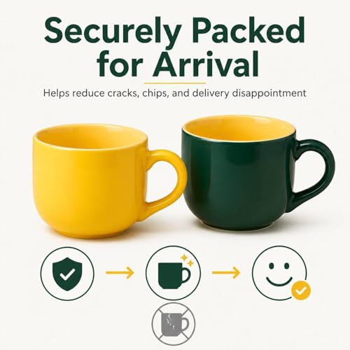 20 oz Ceramic Mug Set of 2, Yellow and Dark Green Oversized Coffee Cups for Tea, Soup, Cereal and Oatmeal, Wide Mouth Large Handle, Microwave Dishwasher Safe - color: 20 oz-Yellow&Dark green