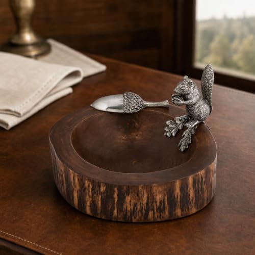 Standing Squirrel Nut Bowl with Pewter Acorn Scoop - Whimsical Mango Wood Dish for Serving Nuts - 8 Inch Diameter