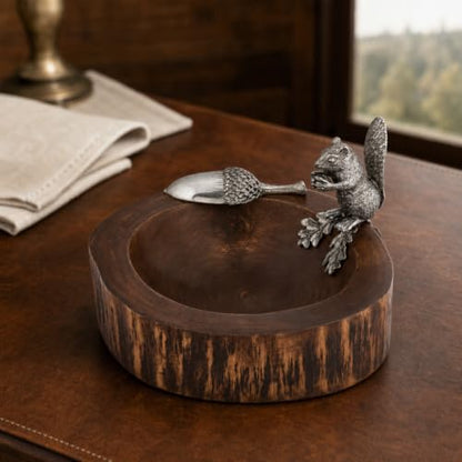 Standing Squirrel Nut Bowl with Pewter Acorn Scoop - Whimsical Mango Wood Dish for Serving Nuts - 8 Inch Diameter