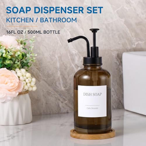 Glass Soap Dispenser with Upgrade Pump, Hand and Dish Soap Dispenser for Bathroom Kitchen, Soap Dispenser Set with 9 Stickers Funnel Bamboo Tray 500ml 18oz Amber - color: Amber