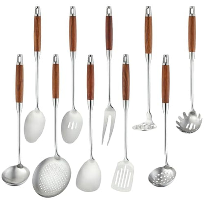 Izurok 18/10 Stainless Steel Kitchen Utensils Set,10 Piece Cooking Utensils With Wood Handle,Heat Resistant Kitchen Tool Set With Spatula,Spoon,Ladle,Skimmer,Slotted Turners,Pasta,Turner,Ladl,Fork - color: SILVER-10 Pieces, size: Small