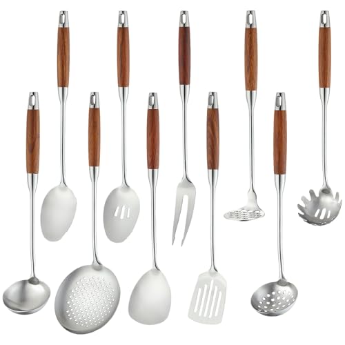 Izurok 18/10 Stainless Steel Kitchen Utensils Set,10 Piece Cooking Utensils With Wood Handle,Heat Resistant Kitchen Tool Set With Spatula,Spoon,Ladle,Skimmer,Slotted Turners,Pasta,Turner,Ladl,Fork - color: SILVER-10 Pieces, size: Small