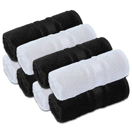 Fingertip Towels 8 Pack, 100% Turkish Cotton, Small Hand Towels for Body and Face, 12 x 18 in, Soft and Absorbent, Quick Dry, (White - Black Fingertip Hand Towels) - color: White-black