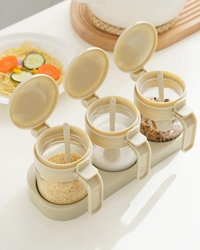 3 Pack Glass Condiment Jars with Lids and Spoons, Airtight Spice Container Set with Silicone Seal Ring, Honey Dippers, Tray, Labels and Wall Mount Adhesive for Kitchen and Coffee Bar, WHITE - color: WHITE