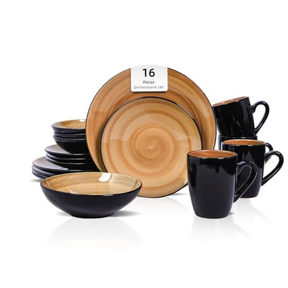 HomeVss, Sonoma 16pc Stoneware Dinnerware Set, Outside Black + Inside Hand Painting Color Mocha - color: Mocha