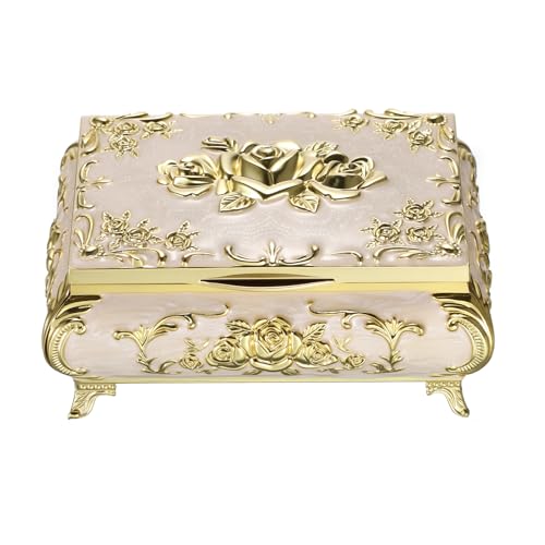 Hipiwe Metal Jewelry Organizer Box Antique Treasure Box with Rose Pattern | Decorative Trinket Case Keepsake Storage Boxes Birthday Christmas Gift for Women Mom, Medium - color: Gold, size: Medium