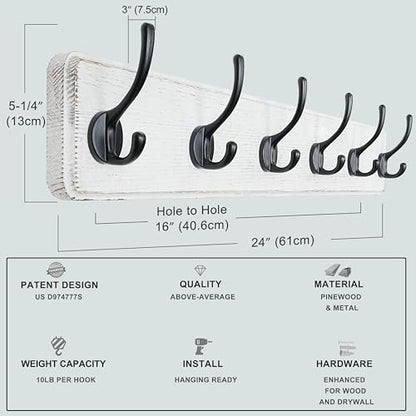 Wall Mounted Coat Rack: 24" Long, Patented, Heavy-Duty, 6-Double-Hooks Wooden Hanger Rail for Winter Coats, Hat, Jacket, Clothing - White & Black, Pack of 2 - color: White & Black, size: L=24"(2pcs)
