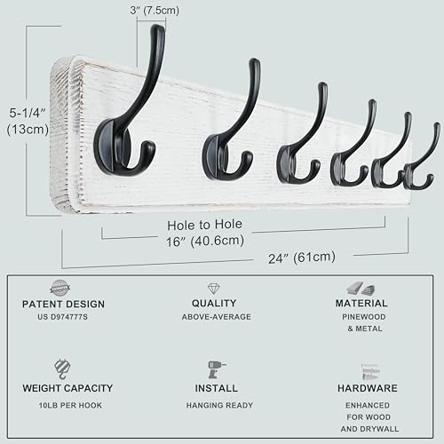 Coat Rack Wall: 24" Long, Patented, Heavy-Duty, 6-Double-Hooks Wooden Wall Mounted Coat Rack Coat Hanger Hook Rail for Winter Coats Hat Jacket Clothing, White & Black - color: White & Black, size: L=24"(1pcs)