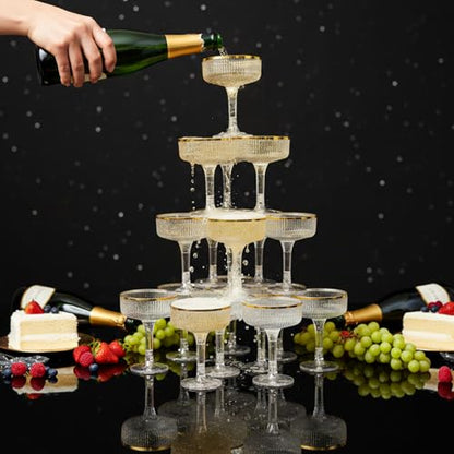 Set of 55 Champagne Tower 7 oz Plastic Champagne Coupe Glasses Set Stackable Plastic Ribbed Martini Glasses Unbreakable Acrylic Cocktail Coupe Cups for Wedding Birthday (Glitter,Gold) - color: Gold, size: Glitter