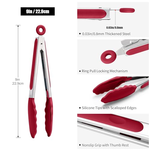 Doosu 600°F Heat Resistant Kitchen Food Tong for Cooking with Non-Scratch Silicone Tips (9in, Red) & 600°F Heat Resistant Spatula Set of 4 for Cooking Baking Stirring (Aqua Sky+Orange+Red+Purple)