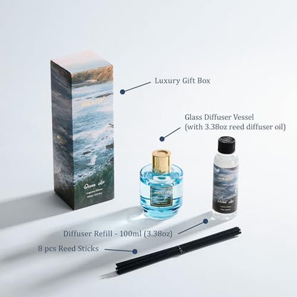 Reed Diffuser Set with Refill & 8 Reed Sticks, 6.96 fl oz Ocean Air Home Fragrance, Long Lasting Aromatherapy Diffuser for Bedroom, Bathroom & Living Room