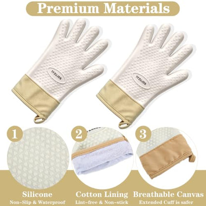 Silicone Oven Gloves with Fingers Heat Resistant 450°F in Kitchen | 1Pair Silicone Oven Mitts, Waterproof, Non-Slip, Extended Cuff Cotton Lined Kitchen Mitts for Baking Cooking Barbecue(White) - style: white
