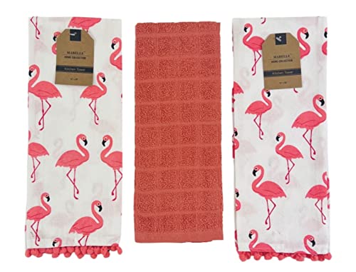Summer Fun Kitchen Dish Towels Set, 3pc: Bright Colorful Cotton Towels with Fringe 2 Flamingo and 1 Solid Towel - color: Flamingo Pink